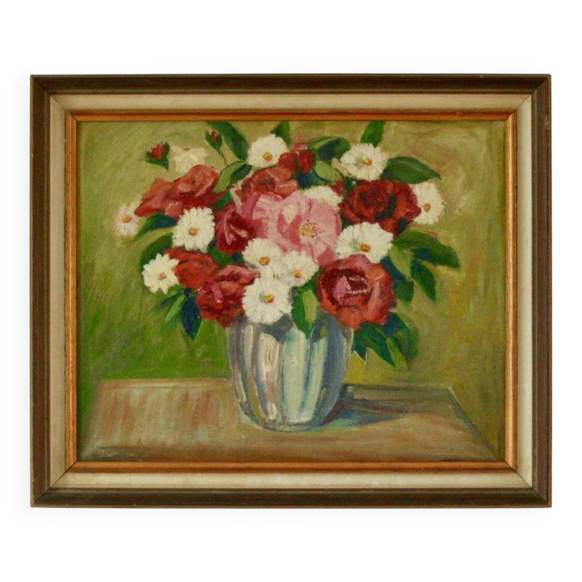 Peinture à l'huile sur panneau vintage européenne originale – « Décoration florale »