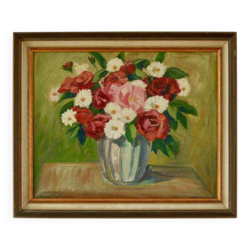 Peinture à l'huile sur panneau vintage européenne originale – « Décoration florale »