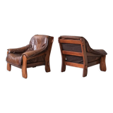 Paire de fauteuils en cuir brutaliste de chêne du milieu du siècle
