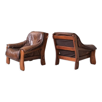 Pair of Oak Brutalist Leather Mid-Century Armchairs