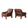 Paire de fauteuils en cuir brutaliste de chêne du milieu du siècle