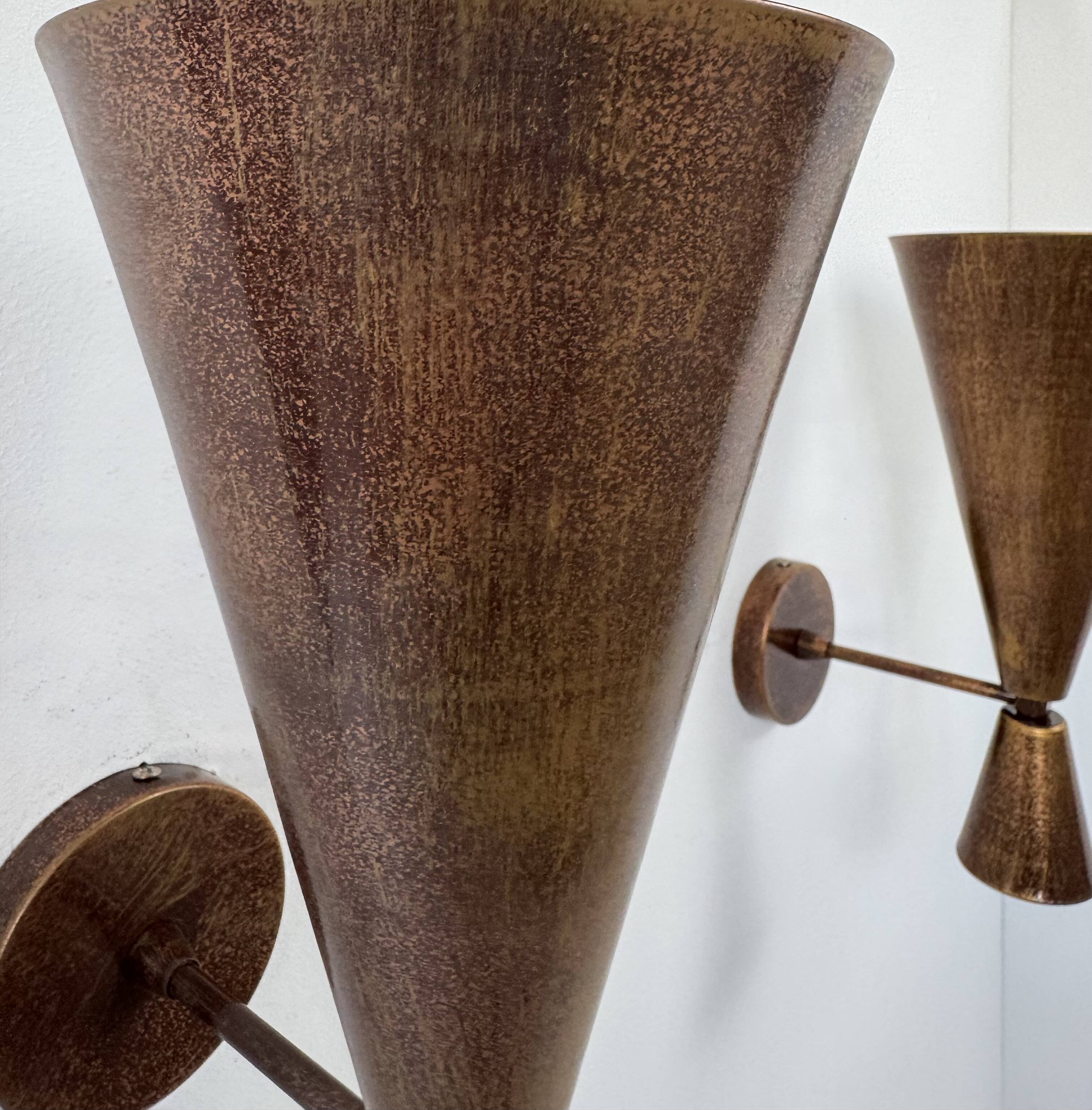 Pair of vintage patinated copper metal wall lights, France, 1980.