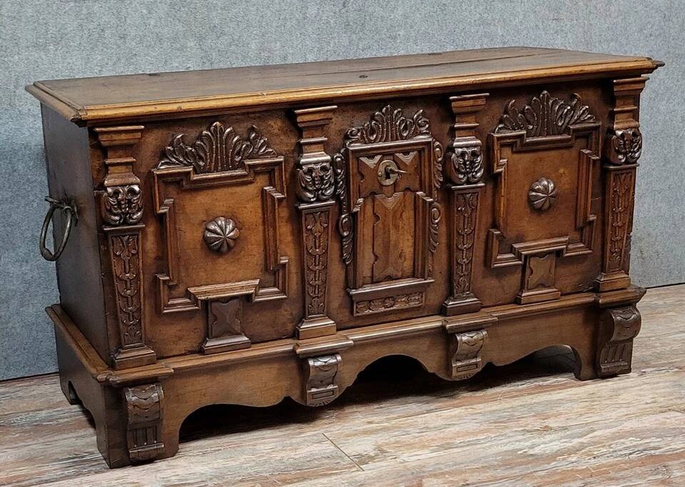 Walnut chest with rich Renaissance-style carvings, 17th century