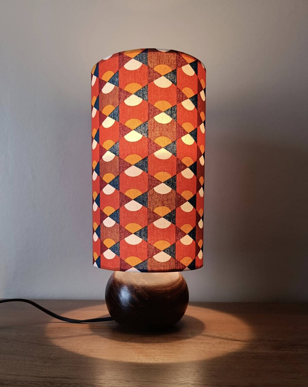 vintage wooden ball lamp, graphic lampshade in 70s style