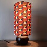 vintage wooden ball lamp, graphic lampshade in 70s style