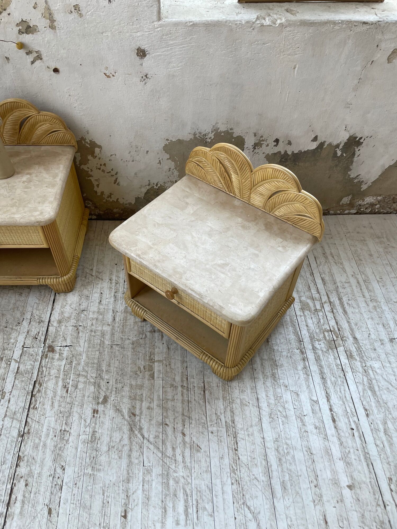 Pair of travertine bedside and rattan palm tree "vivai del sud"