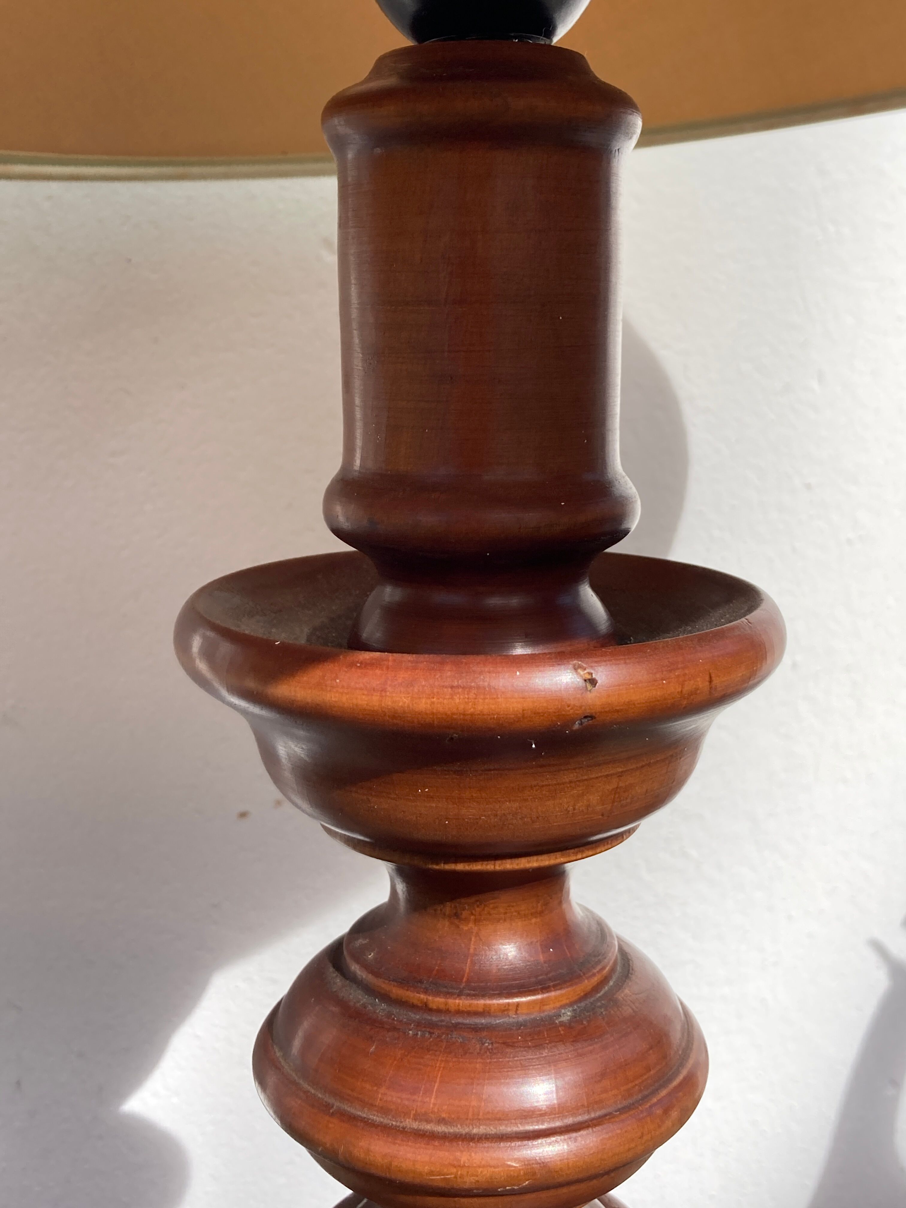 Turned wooden lamp old bluish gray lampshade
