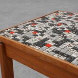 Vintage side table in pine wood tiled with mosaic, Belgium 1950s