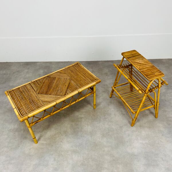 Table basse rotin années 60 et porte revue bambou