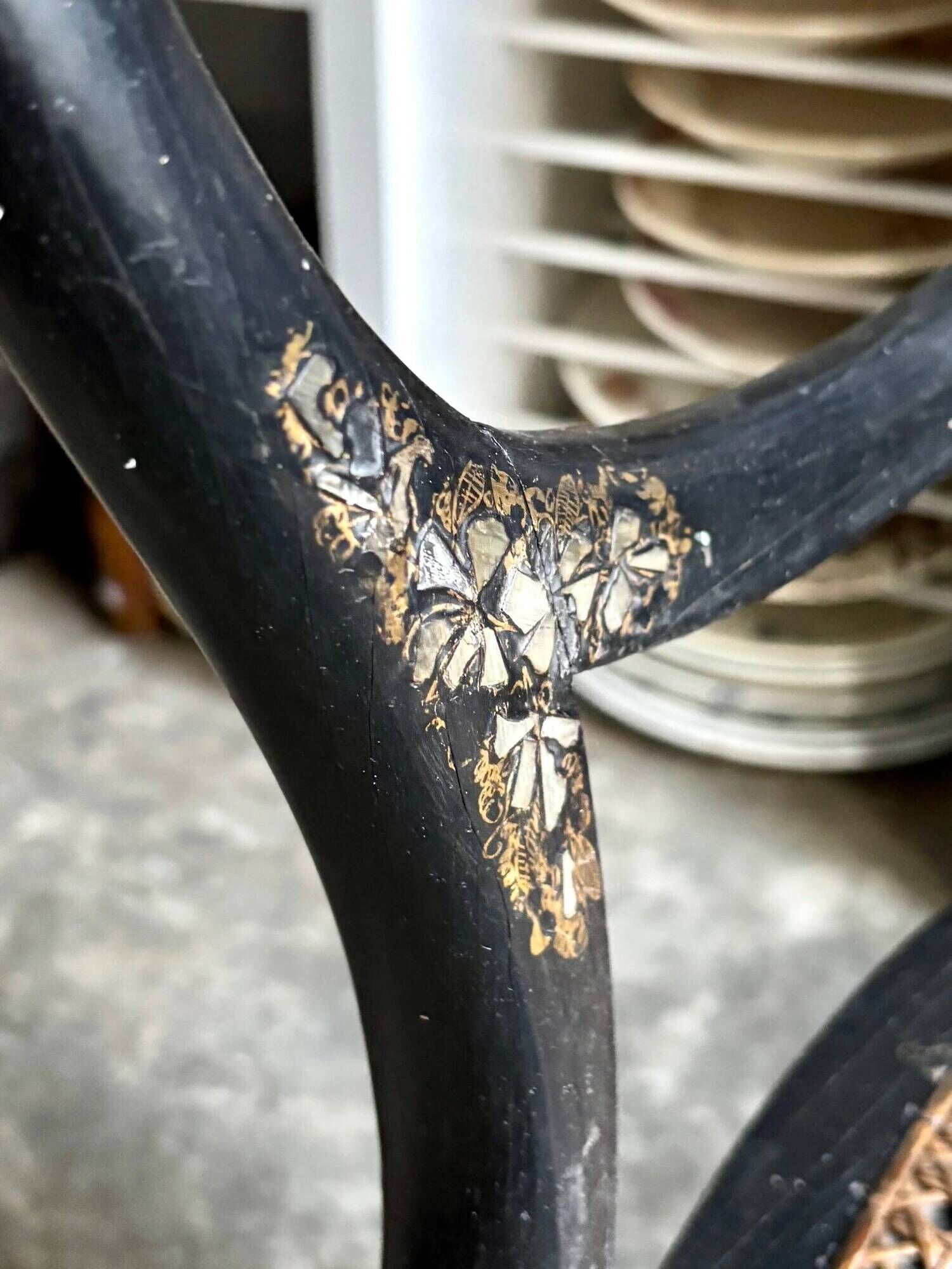 Napoleon III chair in black wood, mother-of-pearl and caning no. 1