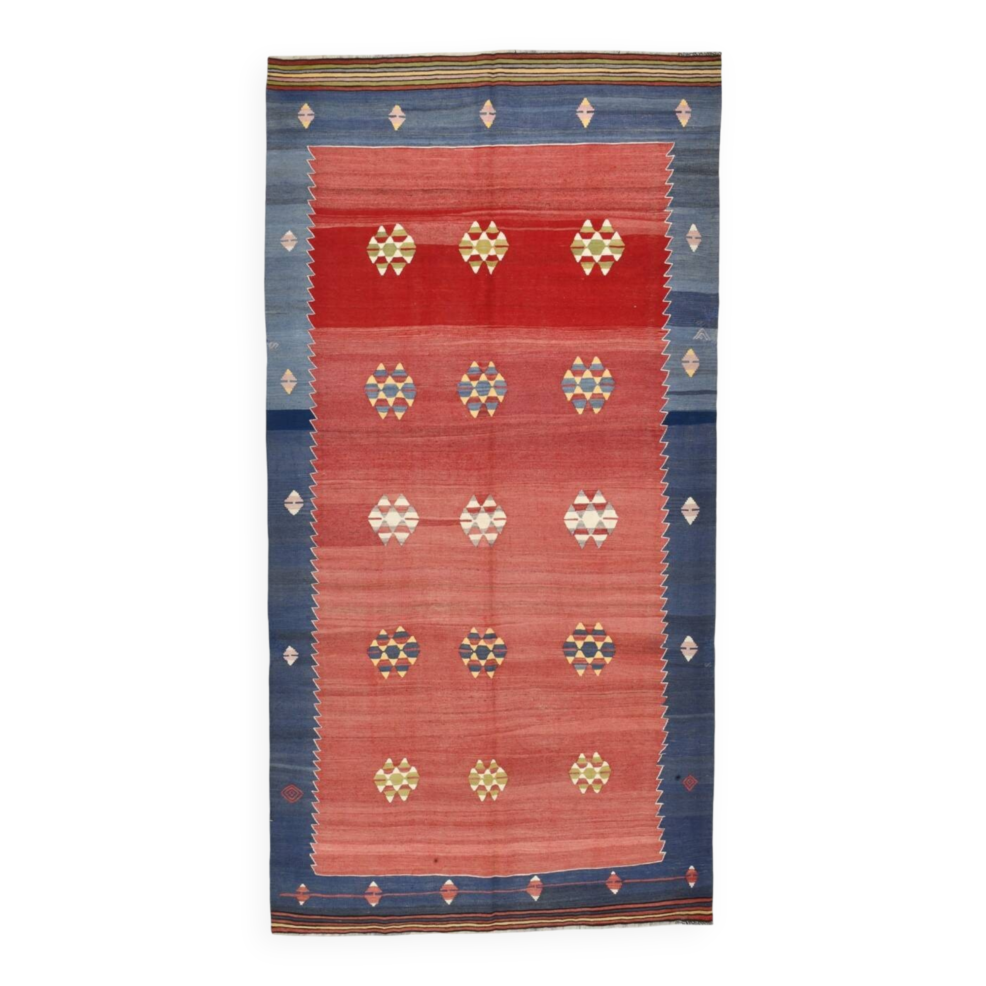 5x10 Blue and Red Vintage Kilim Rug, Handwoven Wool Area Rug, 149x291Cm