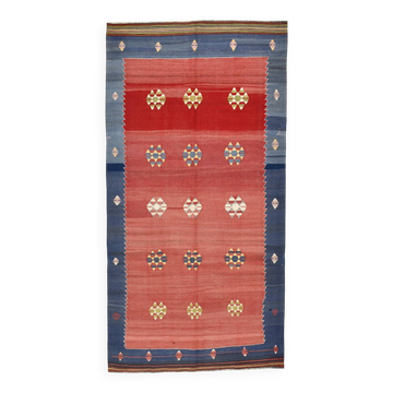 Tapis Kilim vintage bleu et rouge 5x10, tissé à la main en laine, 149x291 cm