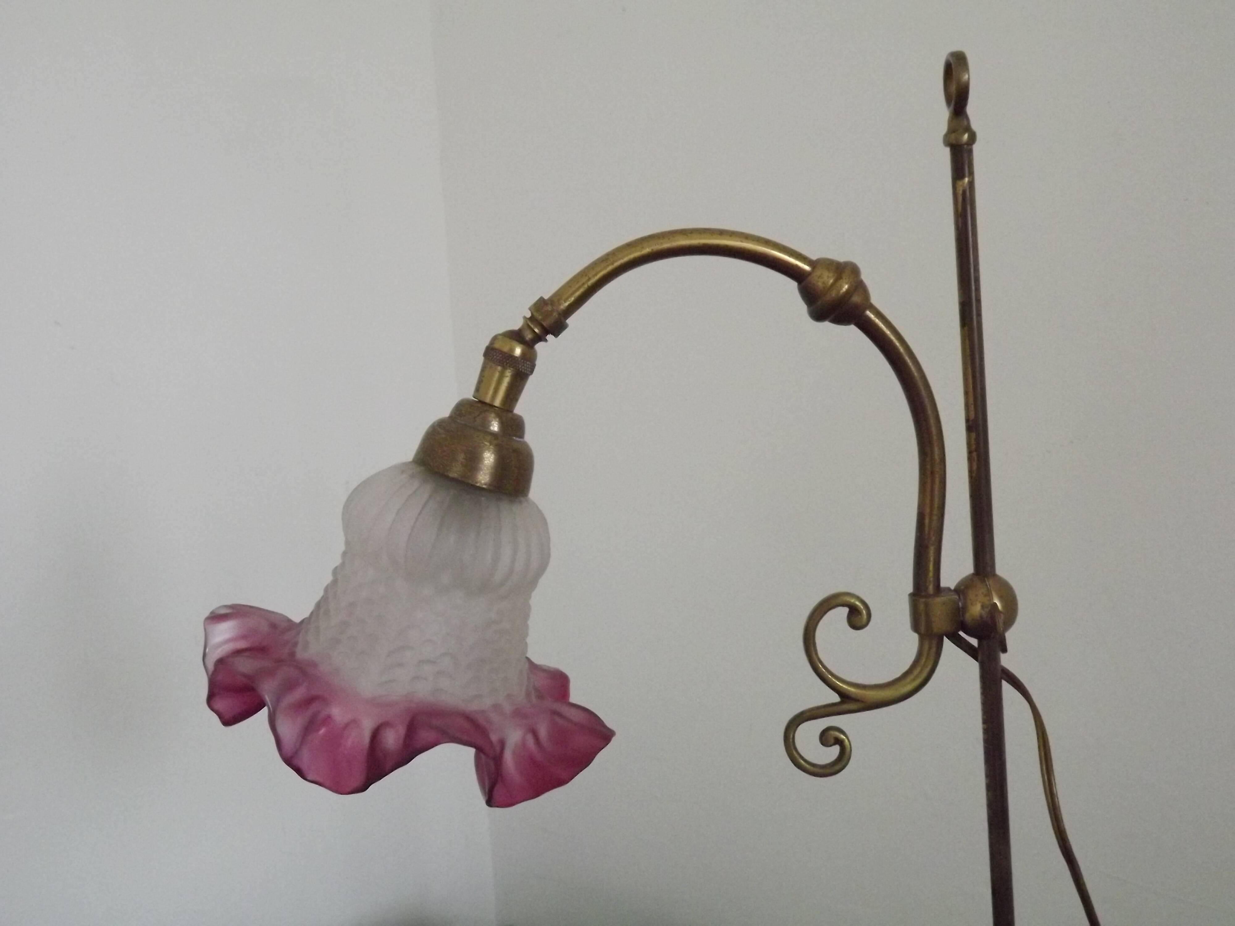 French Antique Brass Anglepoise Table Lamp Patterned Glass Pink Edged Shade 5131
