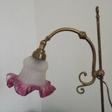 French Antique Brass Anglepoise Table Lamp Patterned Glass Pink Edged Shade 5131