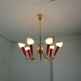 1950s mid century pendant light brass red plastic 7 glass shades