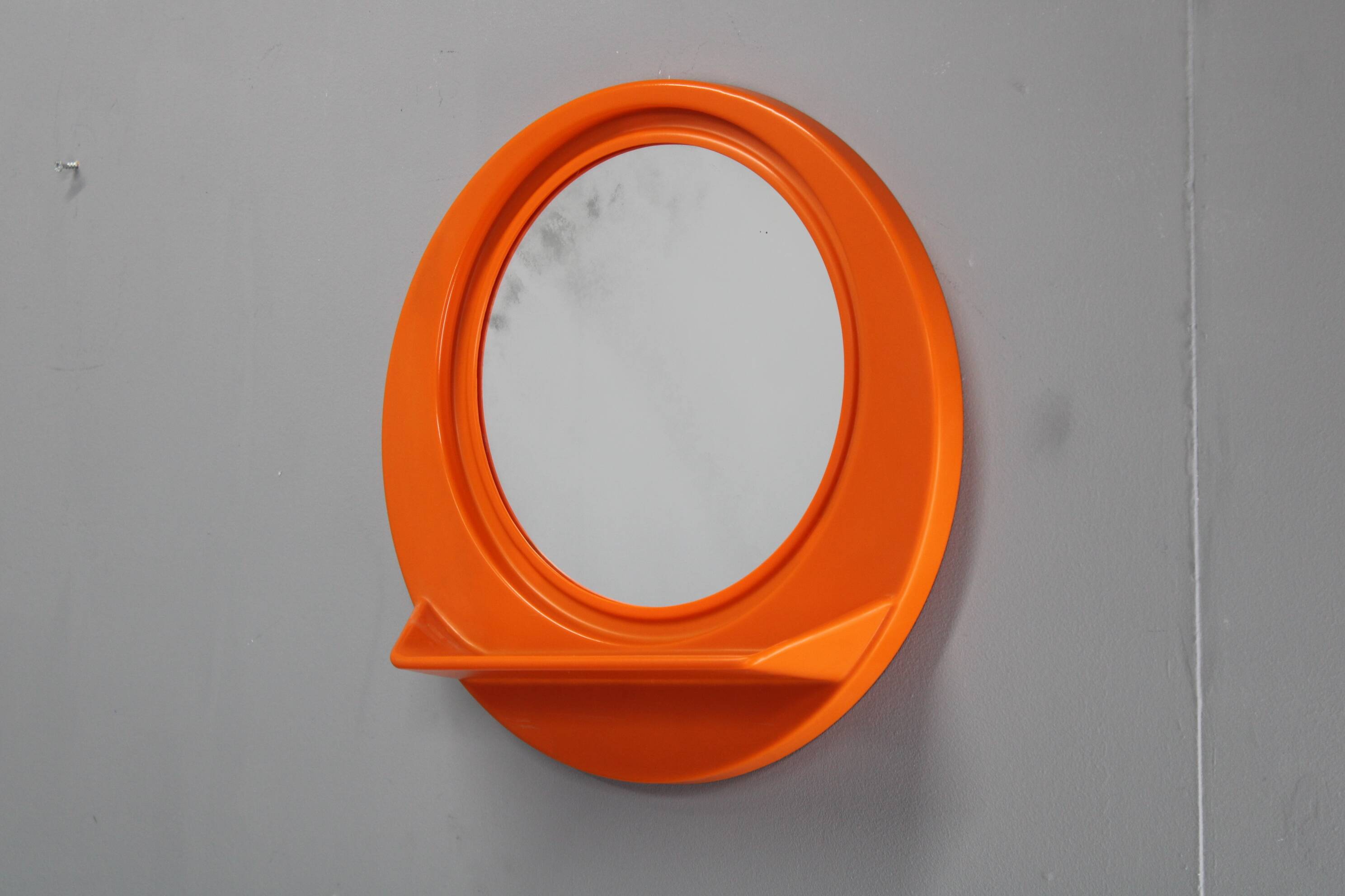 Vintage Italian Space Age round plastic mirror with shelf, 1970s