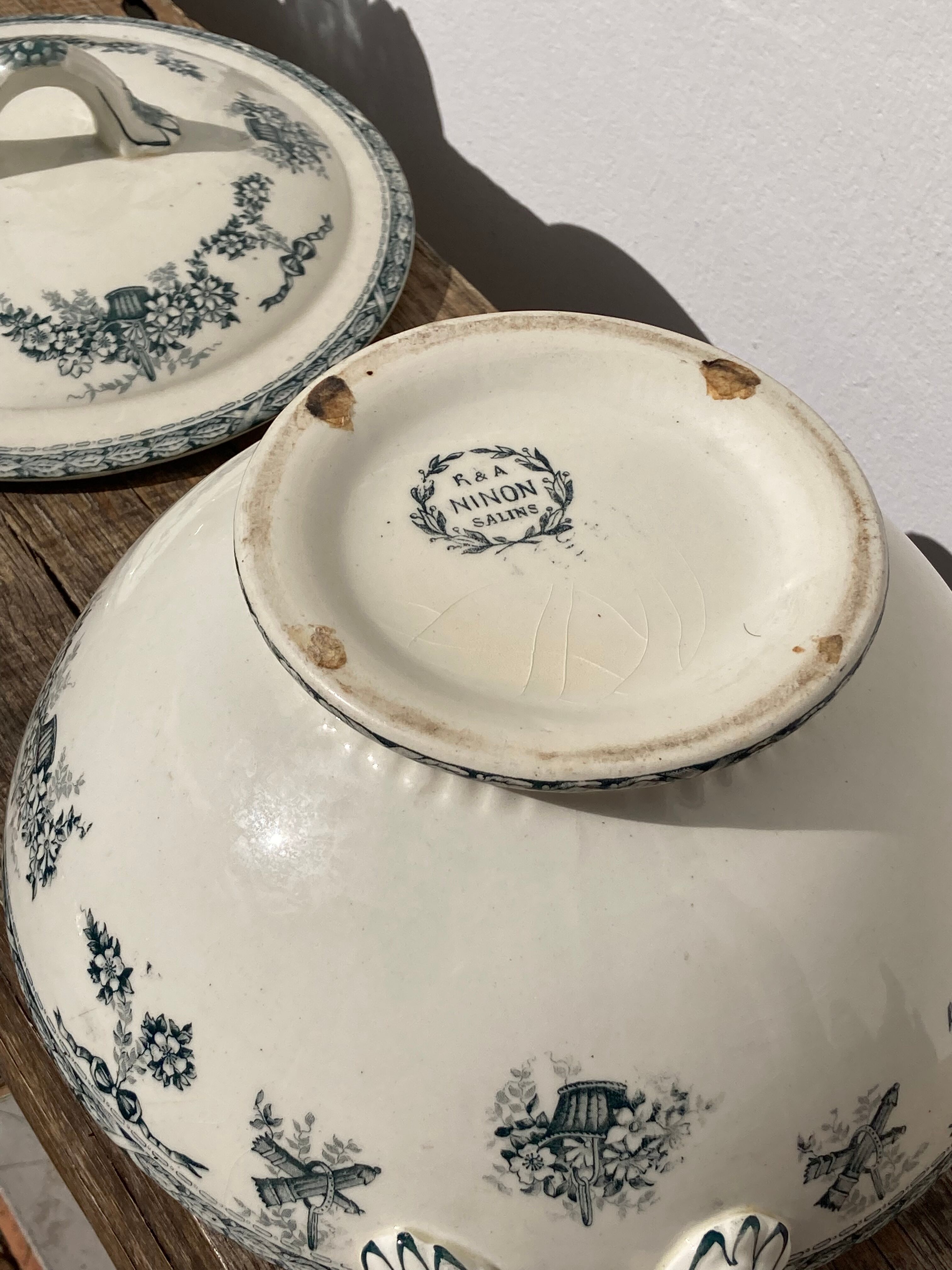 Old iron earth tureen Ninon Salins blue, ceramic and earthenware plate