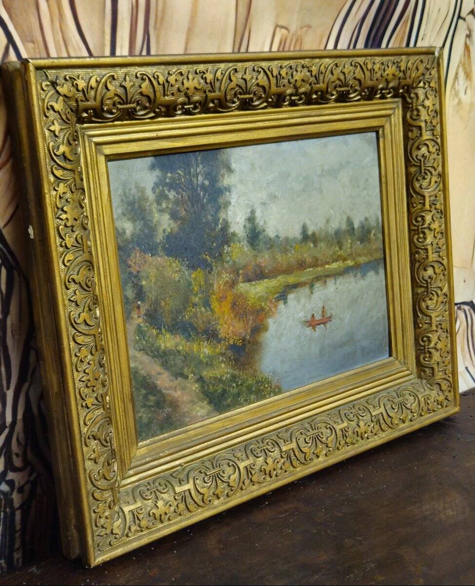 Oil on panel antique – waterside landscape – antique gilded frame