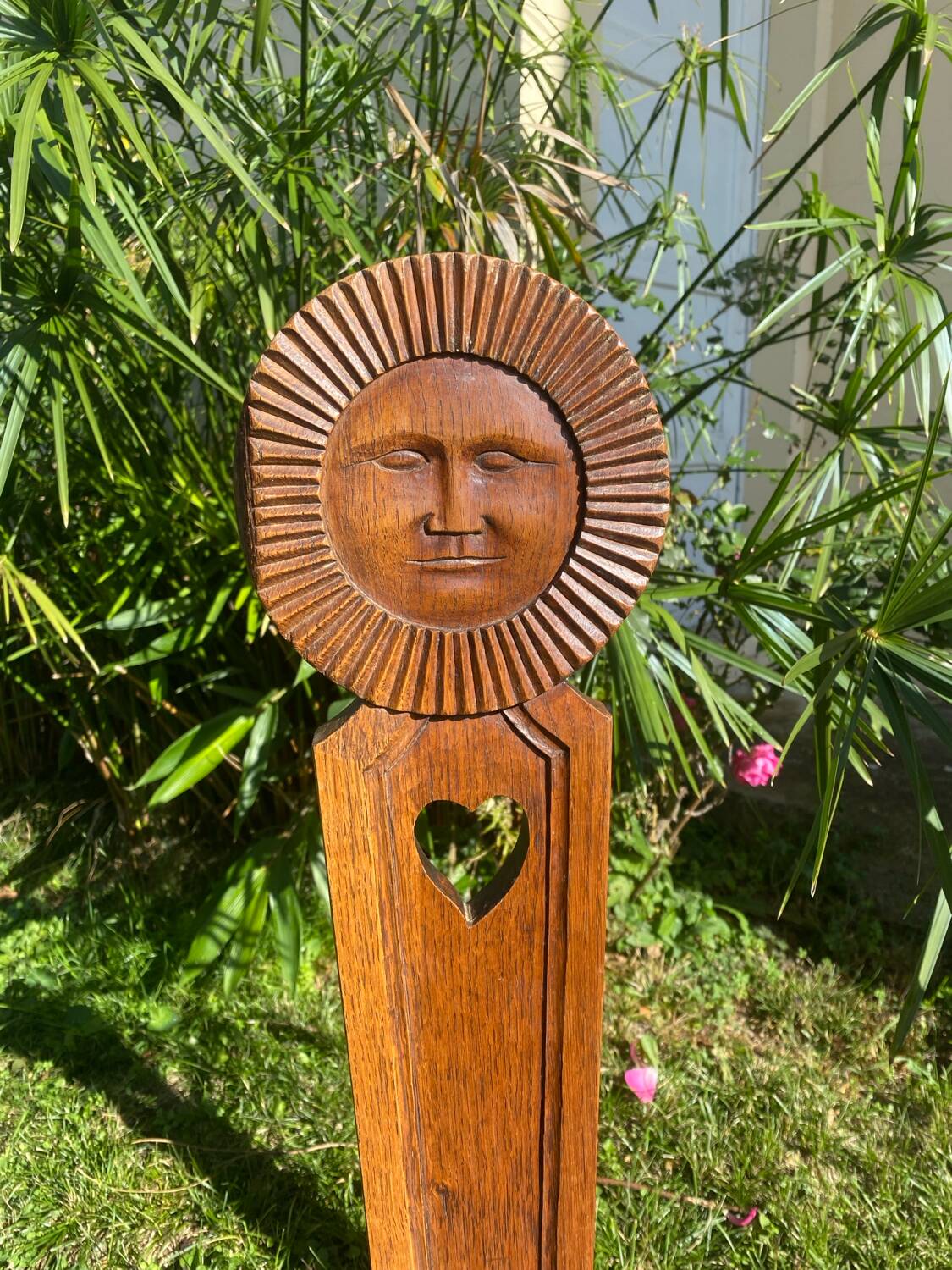 Pair of antique Catalan chairs with sun face motifs, Cerdagne