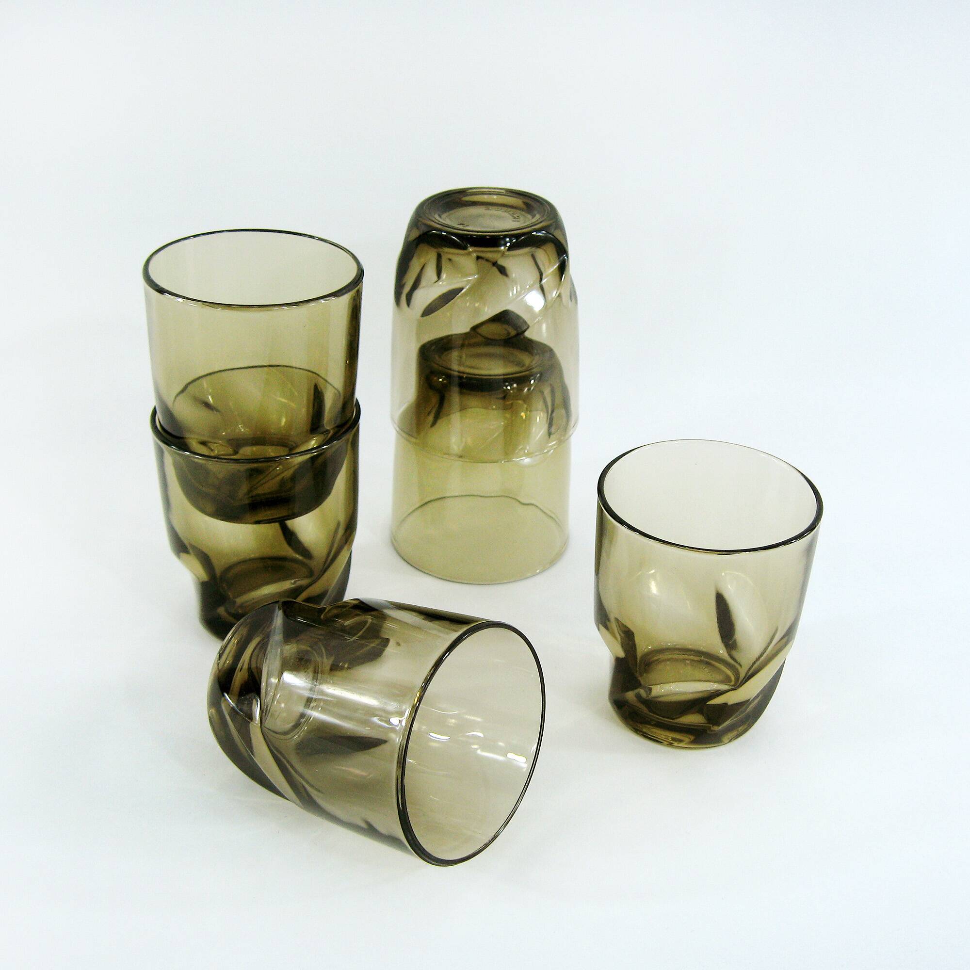 6 smoked twisted glass goblets - Luminarc Arcoroc France - vintage 70s