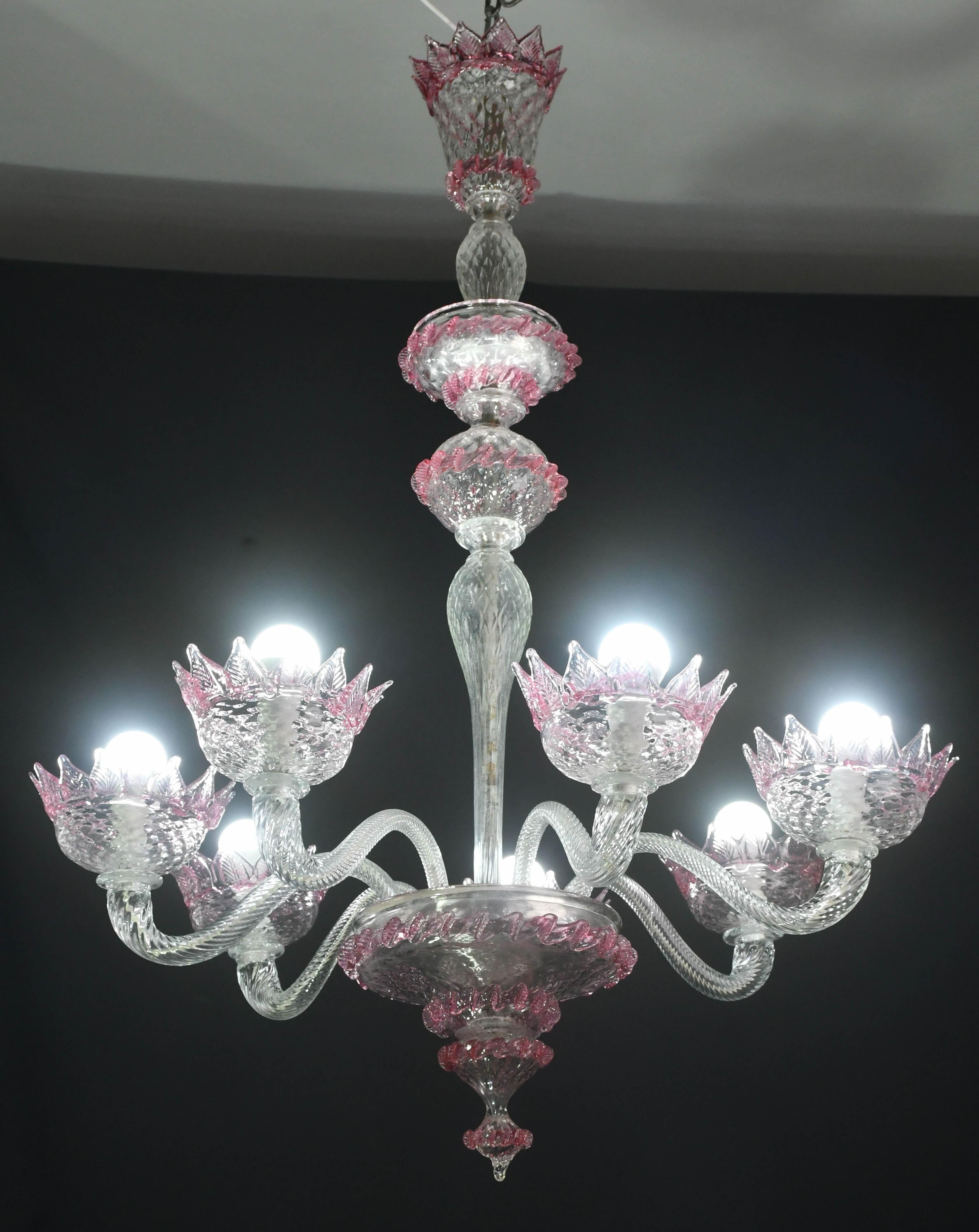 Wonderful Vintage Pink Venetian Chandelier Murano Glass 7 arms