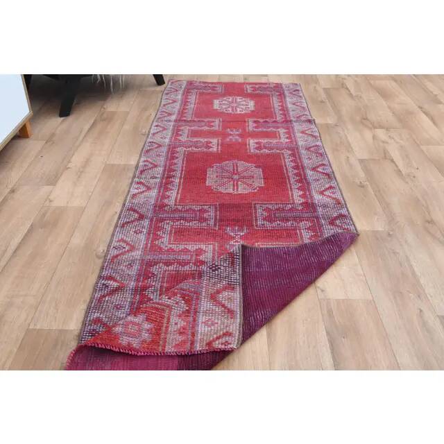 Vintage 1970s Turkish Oushak Handmade Pink Red Wool Wool Runner 89X265