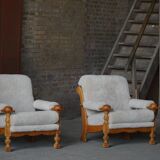 Henning Kjærnulf, lounge chairs in oak and lambswool, mid-century Danish, 1960s.