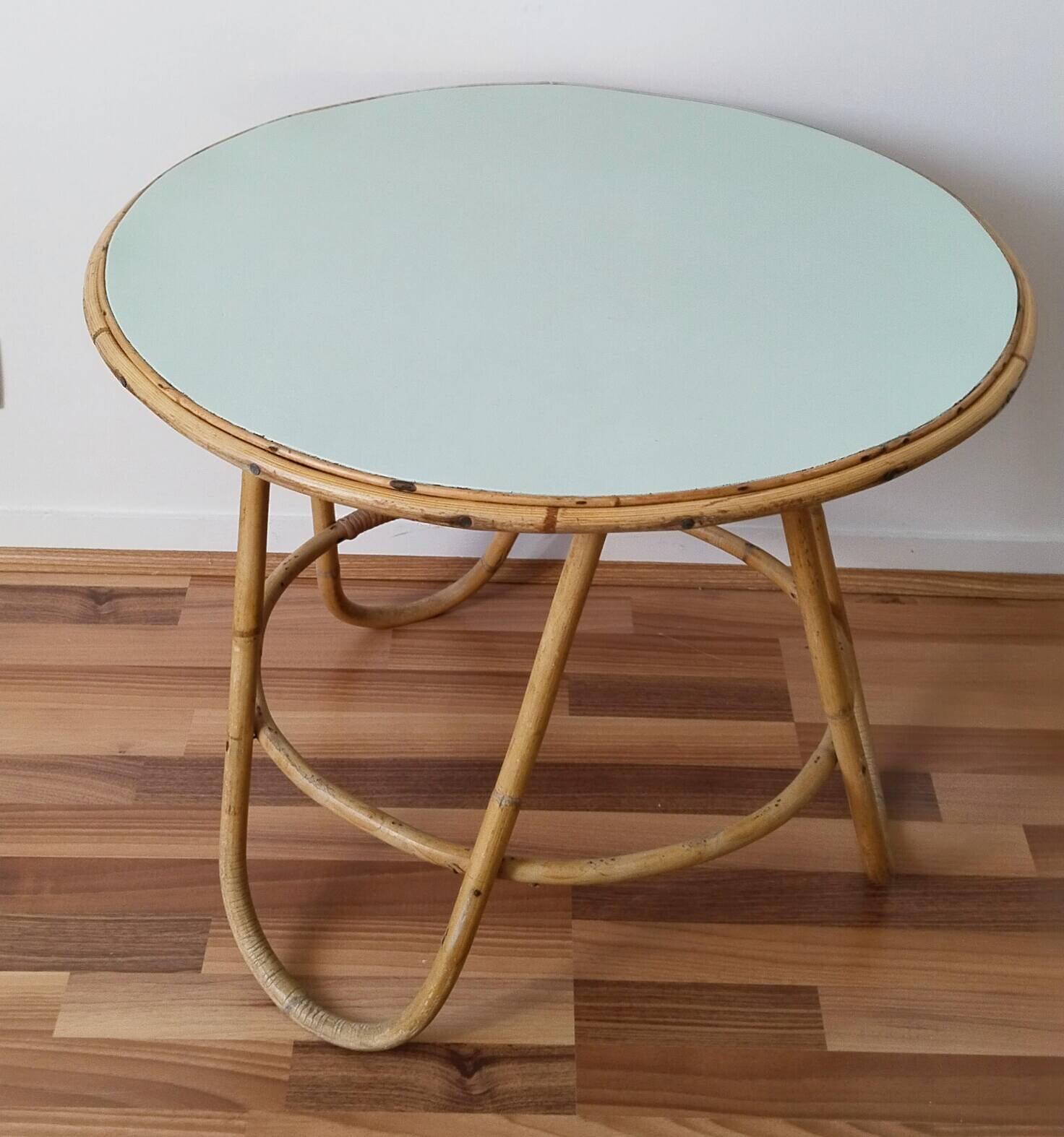 Vintage round rattan table, desk, tripod legs