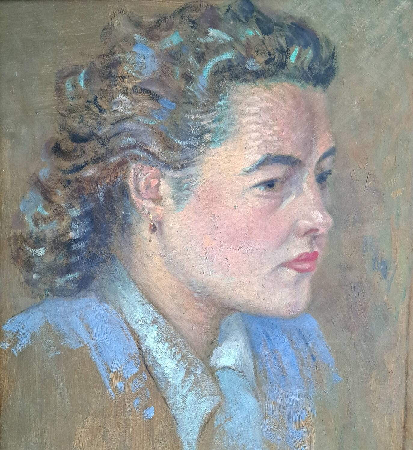 Old painting - Oil on cardboard - portrait of a woman