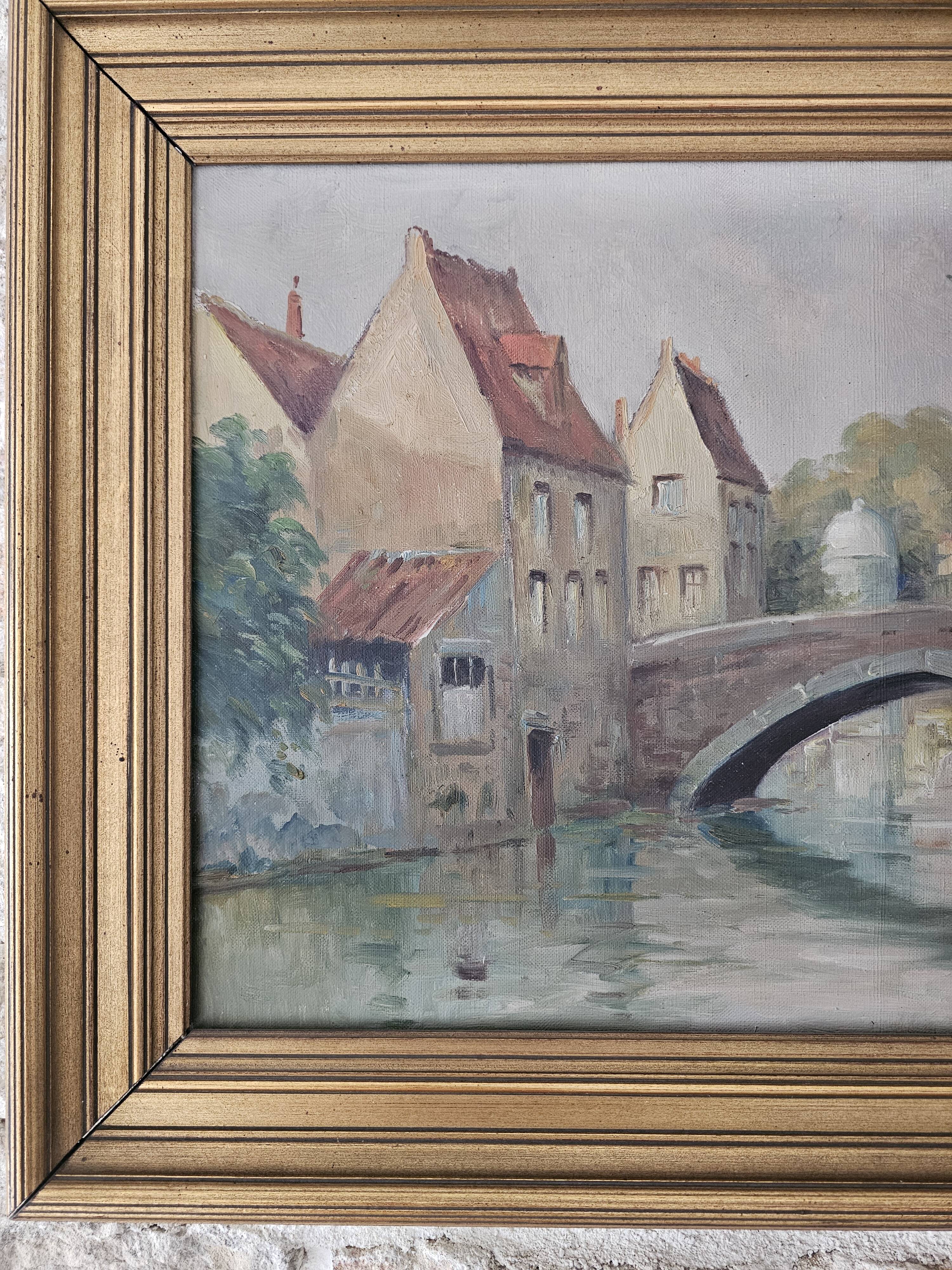 Oil on Canvas Landscape The Old Canals of Bruges - Signed Glossier