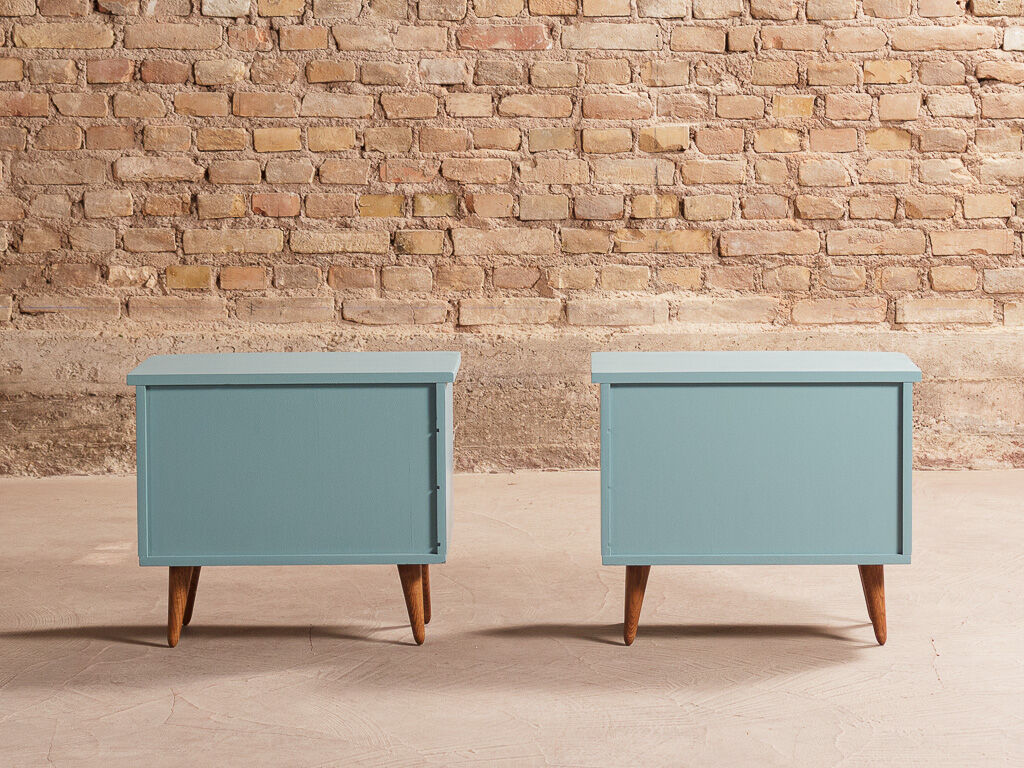 Pair of vintage bedside tables completely redesigned in blueberry on compass feet in solid oak tinted teak