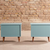 Pair of vintage bedside tables completely redesigned in blueberry on compass feet in solid oak tinted teak