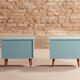 Pair of vintage bedside tables completely redesigned in blueberry on compass feet in solid oak tinted teak