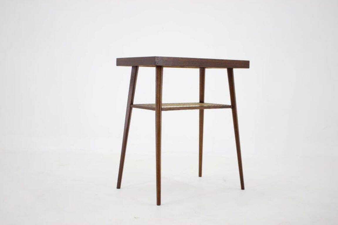 1960s Mid-Century Czech Oak Side Table with Woven Magazine Shelf