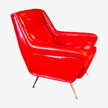 Armchair with red vinyl upholstery, Italy 50s