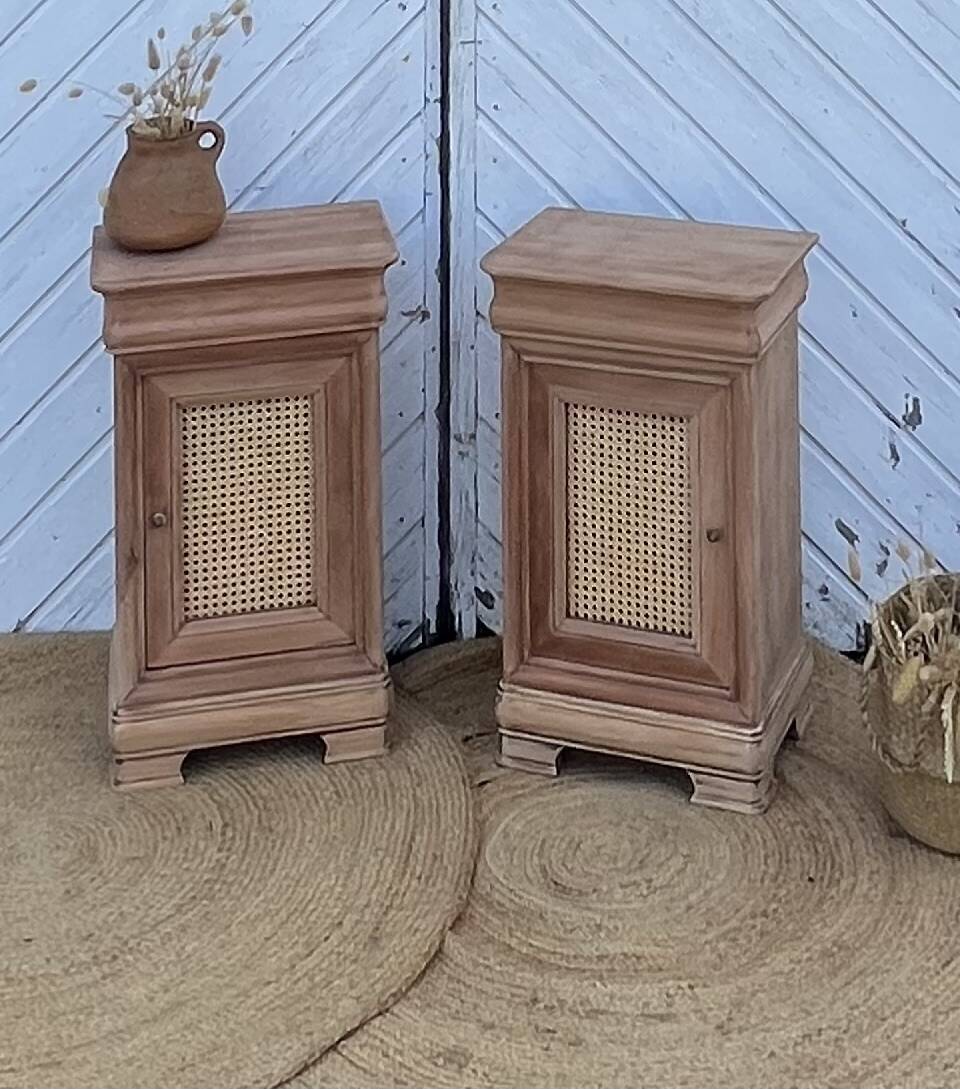 Pair of antique bedside tables / nightstands in raw wood and canework