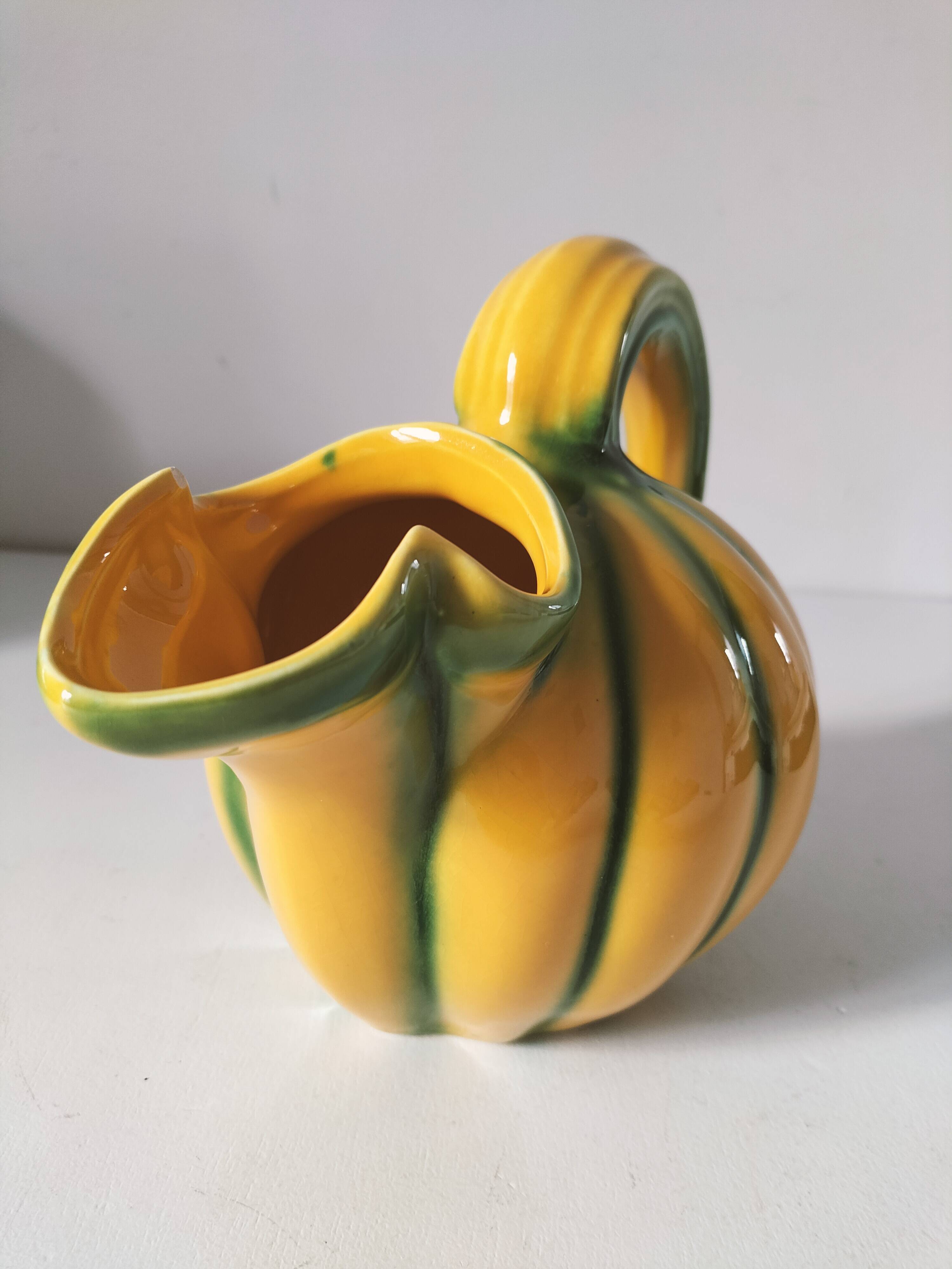 Vintage yellow and green earthenware melon-shaped pitcher – 1950s