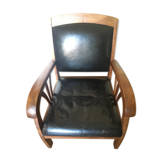 Fauteuil cuir et bois années 50