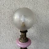Large antique lamp in pink opaline and brass with engraved globe
