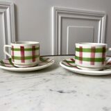 Duo of coffee cups and sub-cups Scottish / Vichy pattern 50s