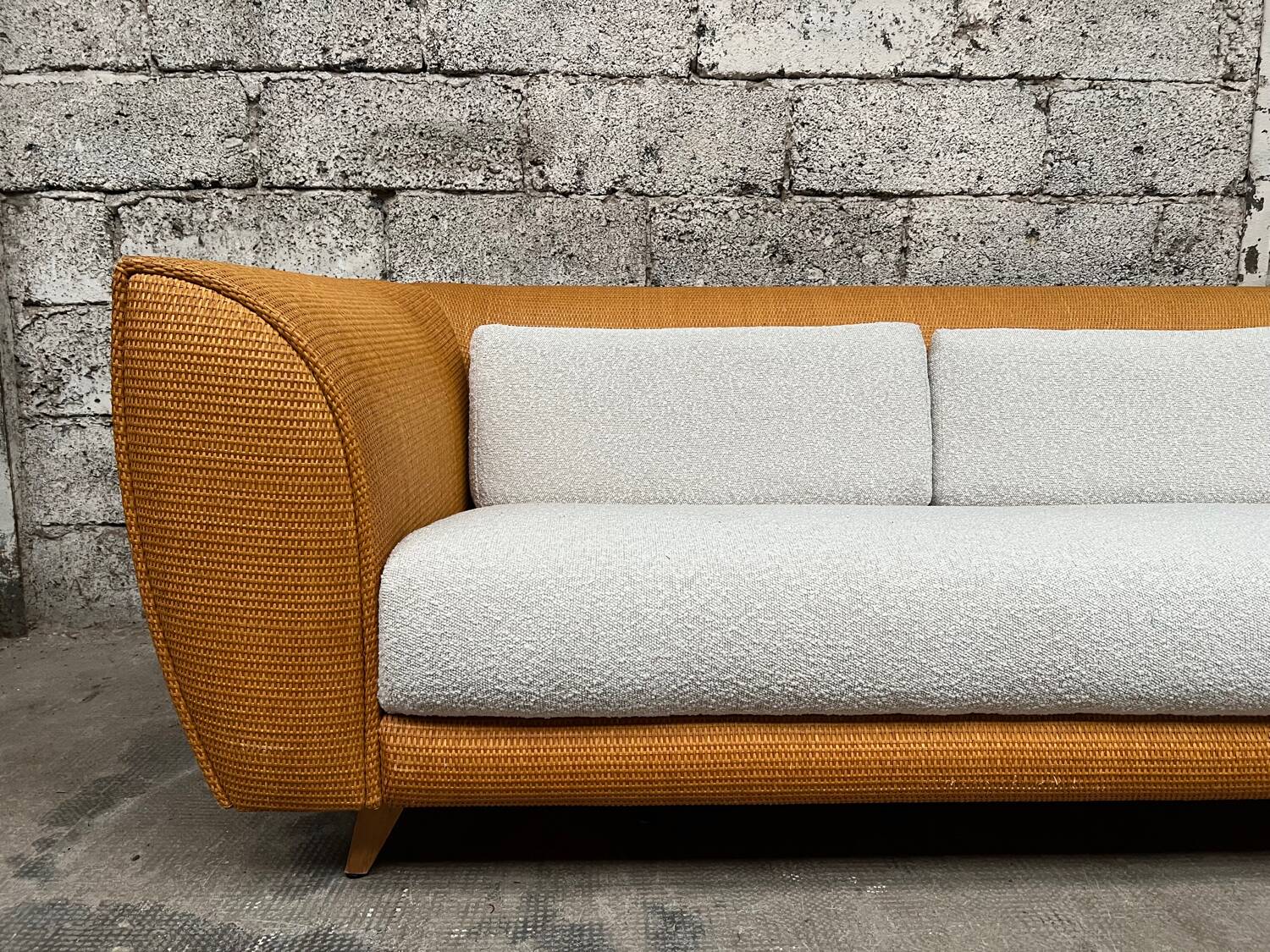 Vintage rattan sofa design 1970 ecru French terry fabric