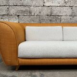 Vintage rattan sofa design 1970 ecru French terry fabric