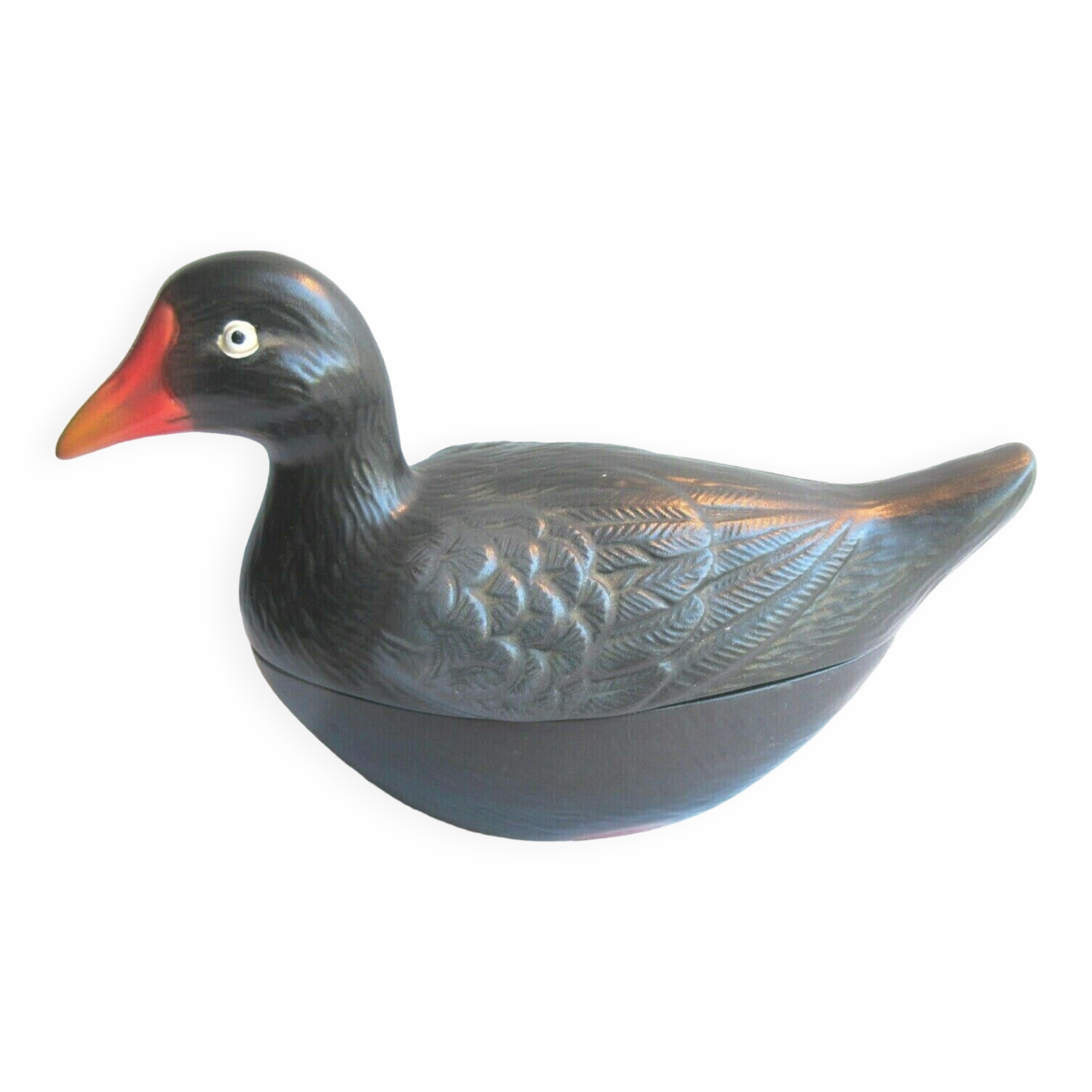 Old vintage terrine: blackened ceramic moorhen, CAUGANT production