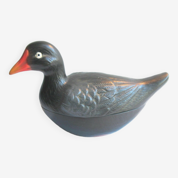 Old vintage terrine: blackened ceramic moorhen, CAUGANT production