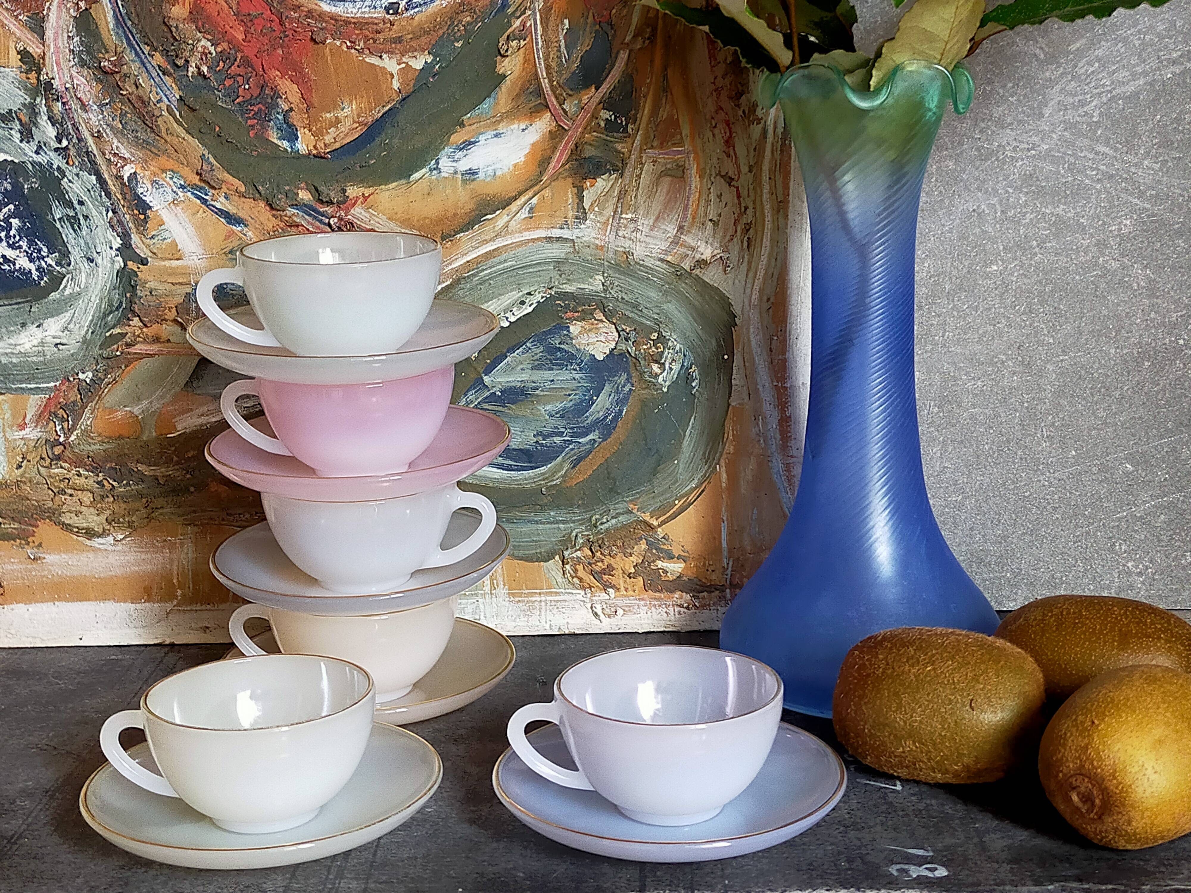 Six vintage iridescent pastel arcopal opaline cups