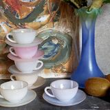 Six vintage iridescent pastel arcopal opaline cups