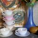 Six vintage iridescent pastel arcopal opaline cups