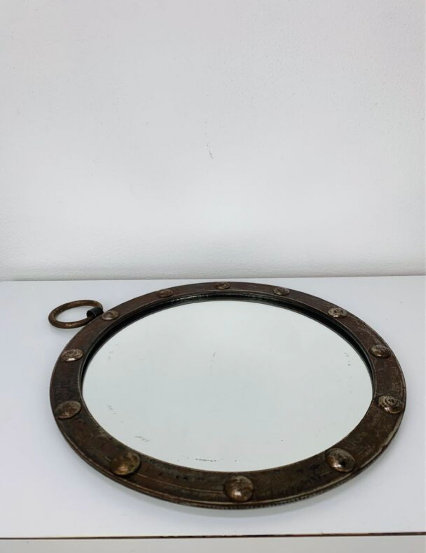 Round mirror with iron frame, vintage