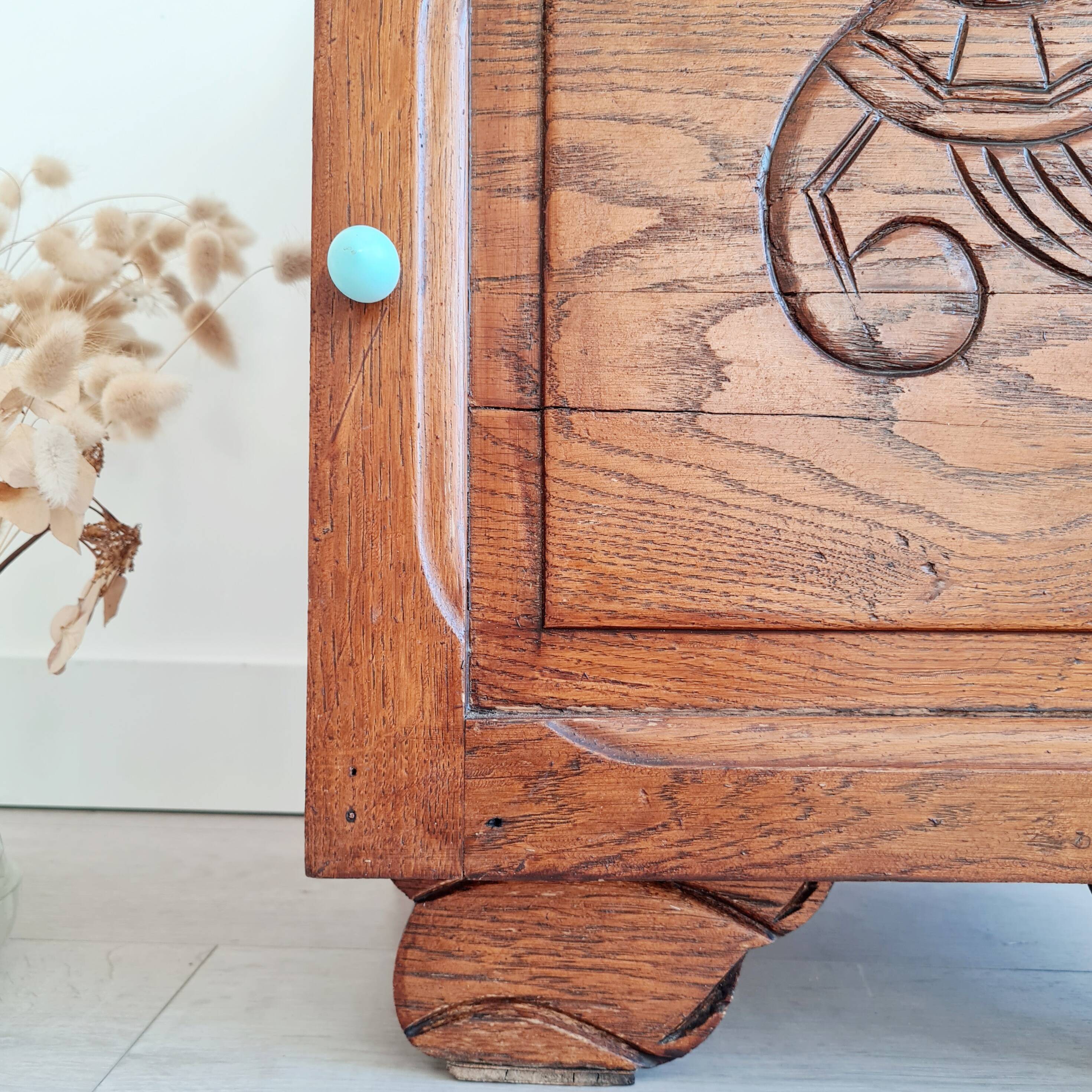 Art Deco bedside table in solid wood - blue top