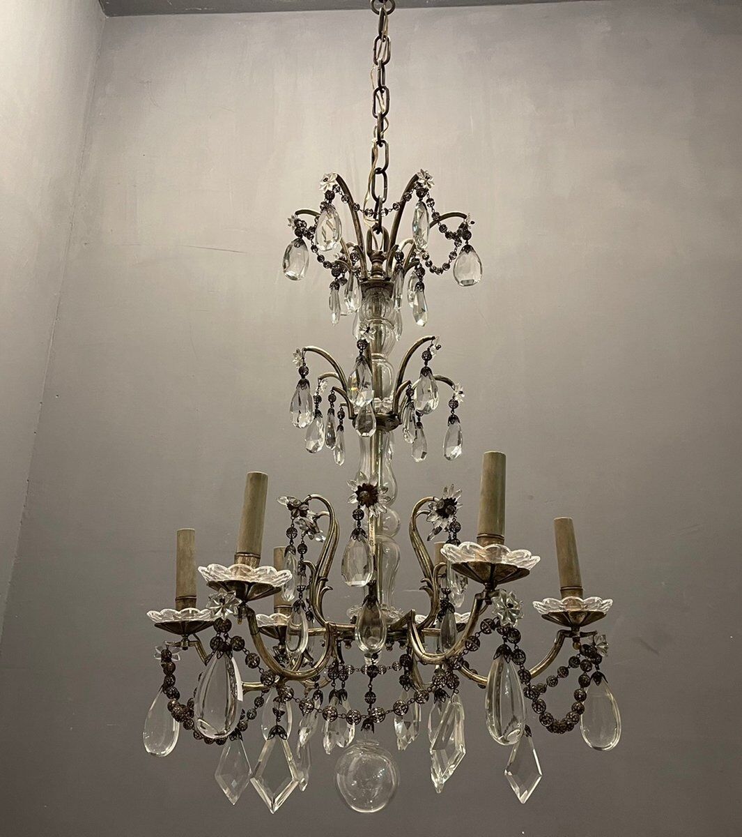 Antique Italian Silver Crystal Chandelier, 1940s